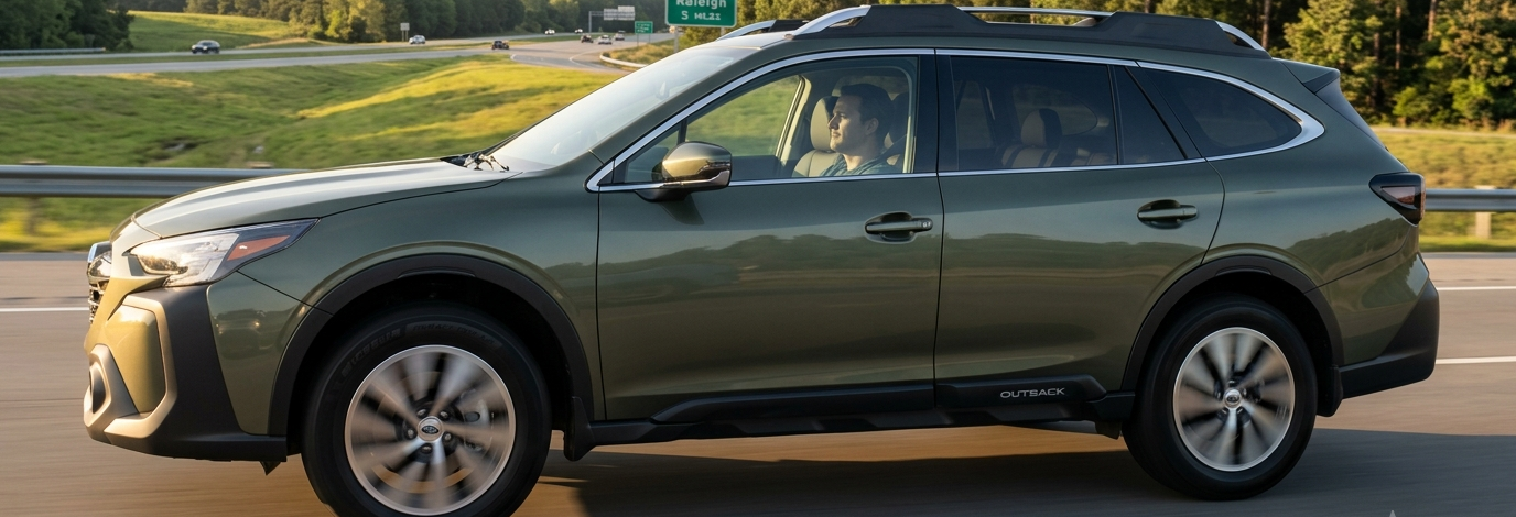 Subaru Outback equipped with quiet touring tires driving on open highway