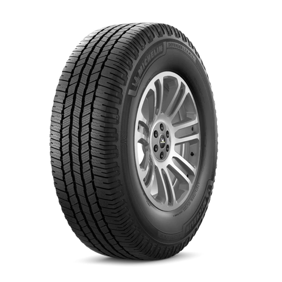 Michelin Defender LTX M/S2 tire showing the symmetric highway tread pattern and sidewall