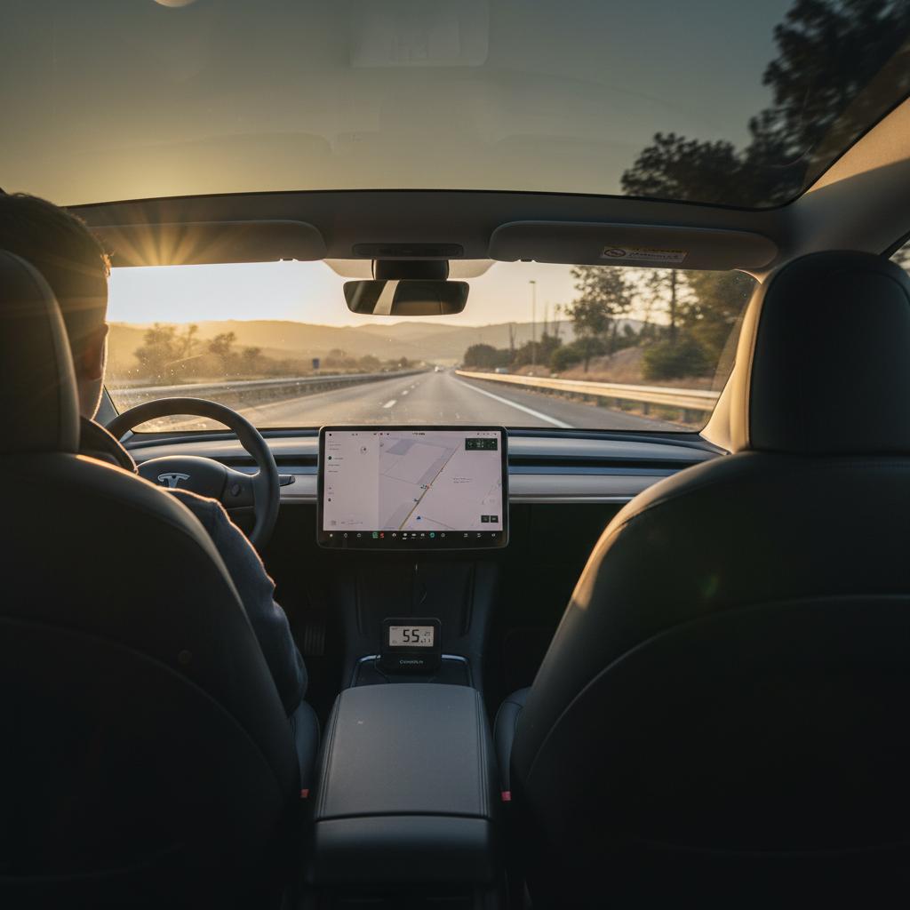 Tesla Model 3 driving on the highway with a clear view of the tires from a low angle