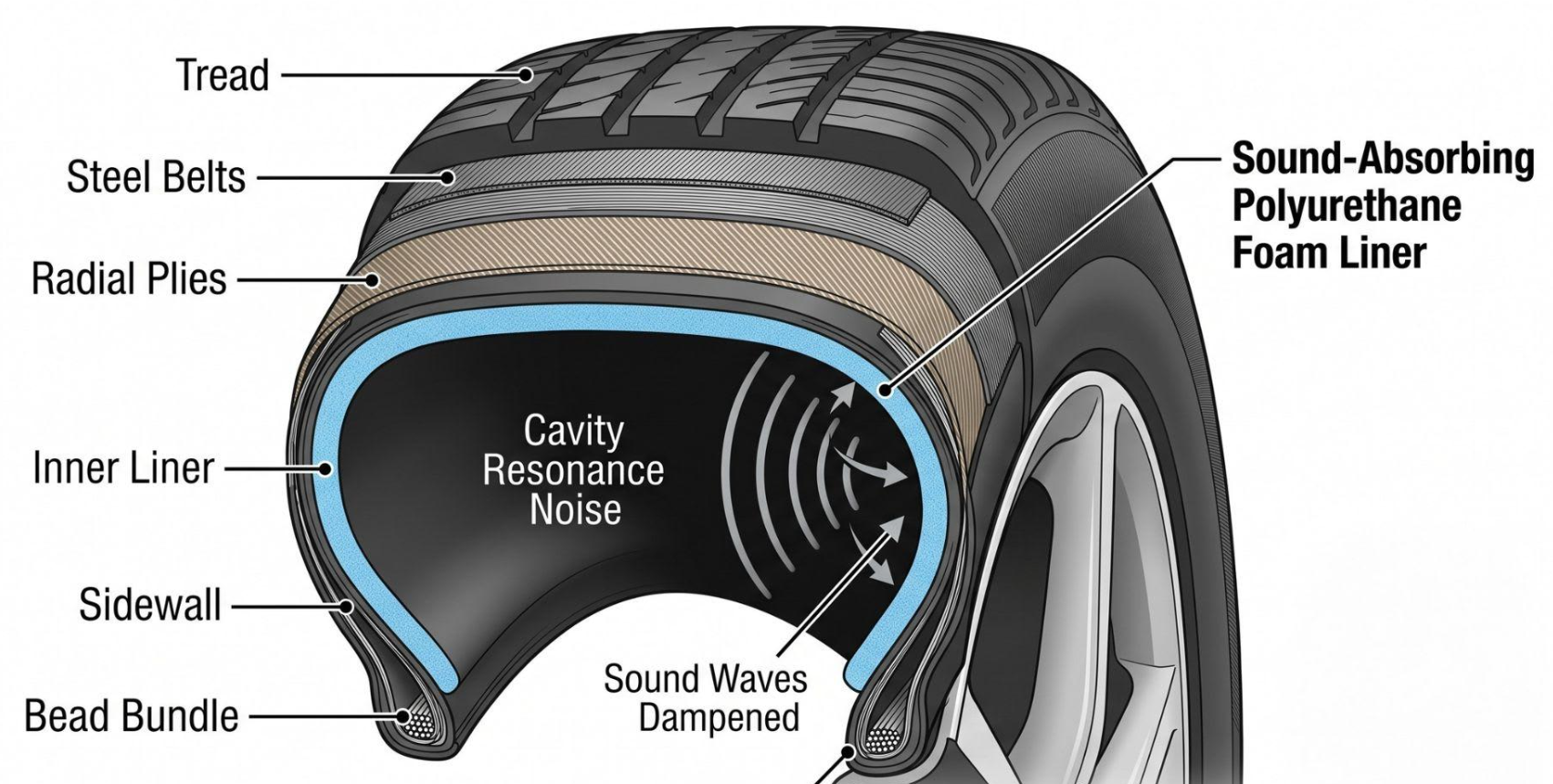 Michelin Primacy MXM4 tire tread close-up showing internal acoustic foam layer