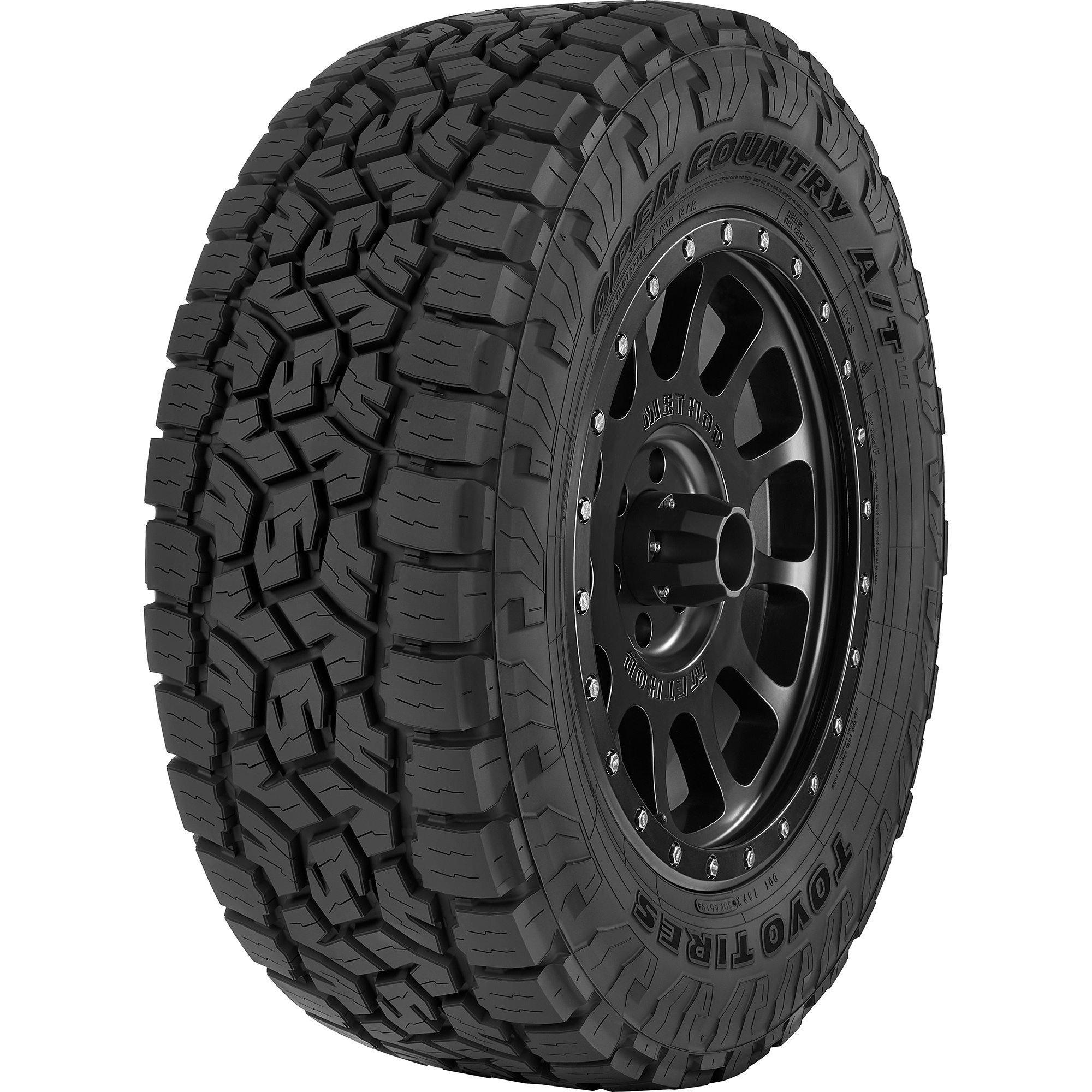 Toyo Open Country A/T III tire close-up showing the interlocking tread pattern and shoulder lugs