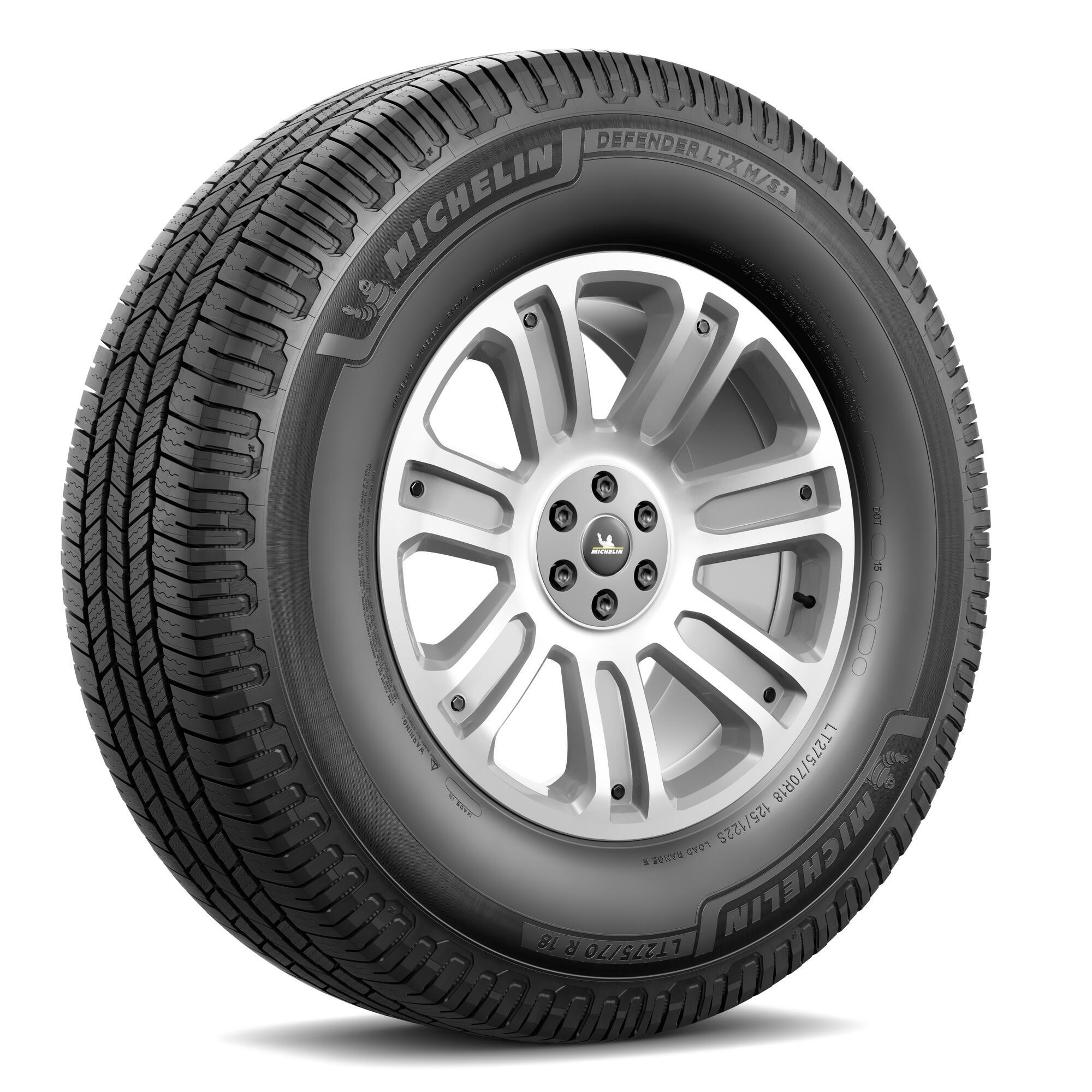 Michelin Defender LTX M/S2 tire with a continuous rib tread pattern on a light truck