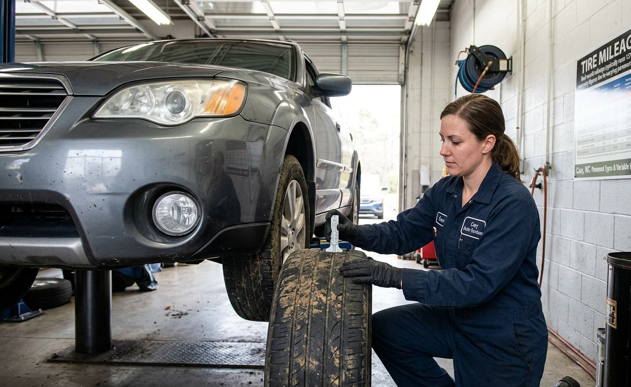 Measuring tire tread depth during routine vehicle service inspection