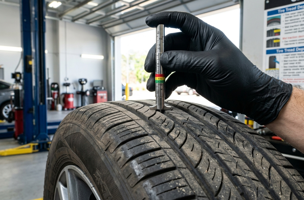 Tire tread depth gauge measuring remaining tread life