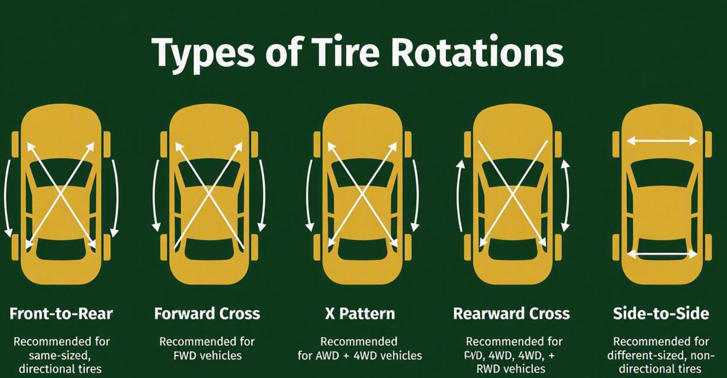 Diagram showing FWD, RWD, and AWD tire rotation patterns