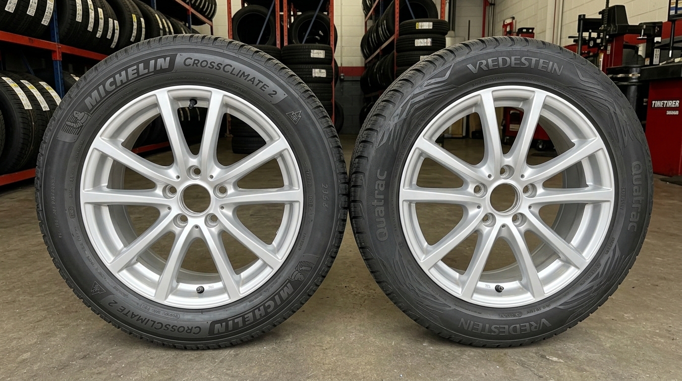 Close view of the Vredestein Quatrac tread with angled grooves and fine sipes shedding water on a wet road